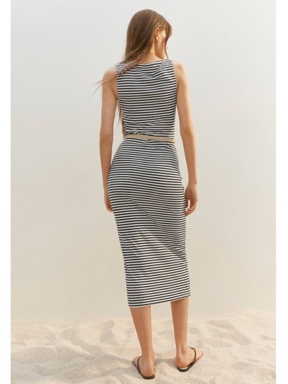 H&M Women's Ribbed Jersey Midi Dress M Bodycon Black White Stripe Boat Neck NWT - Picture 2 of 8